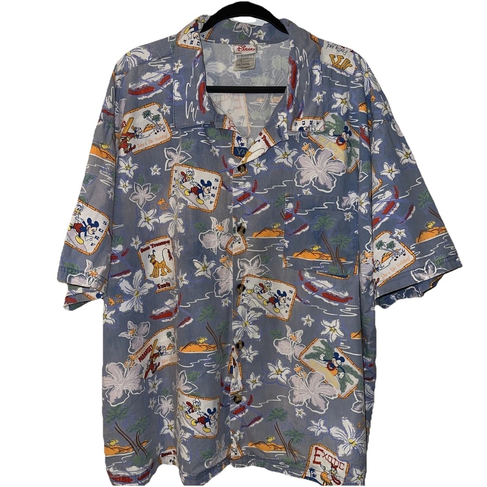 Disney World Shirt Men 2XL Button Down Beach Hawaiian Mickey Mouse Vacation